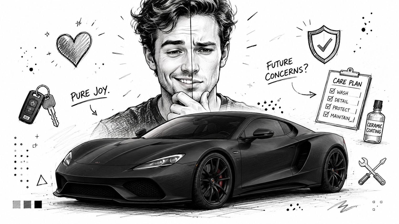 A digital illustration showing a man with a car, heart, checklist, and ceramic coating for vehicle maintenance.