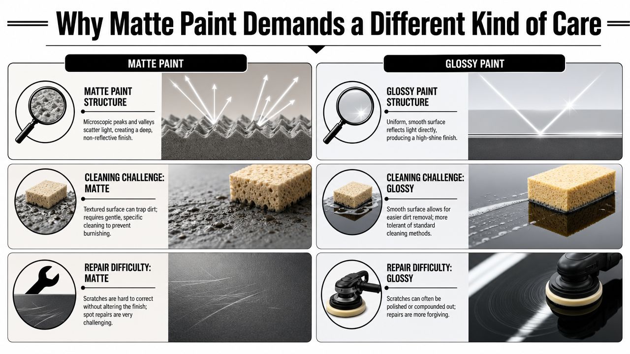 A comparative infographic explaining why matte and glossy vehicle paints require different cleaning and repair maintenance methods.