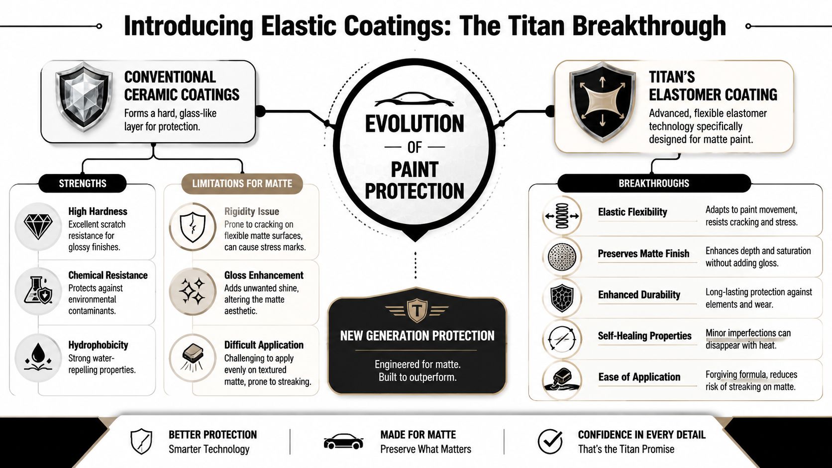 A comparison infographic between traditional ceramic coatings and Titan's new elastic elastomer coating for matte automotive paint.