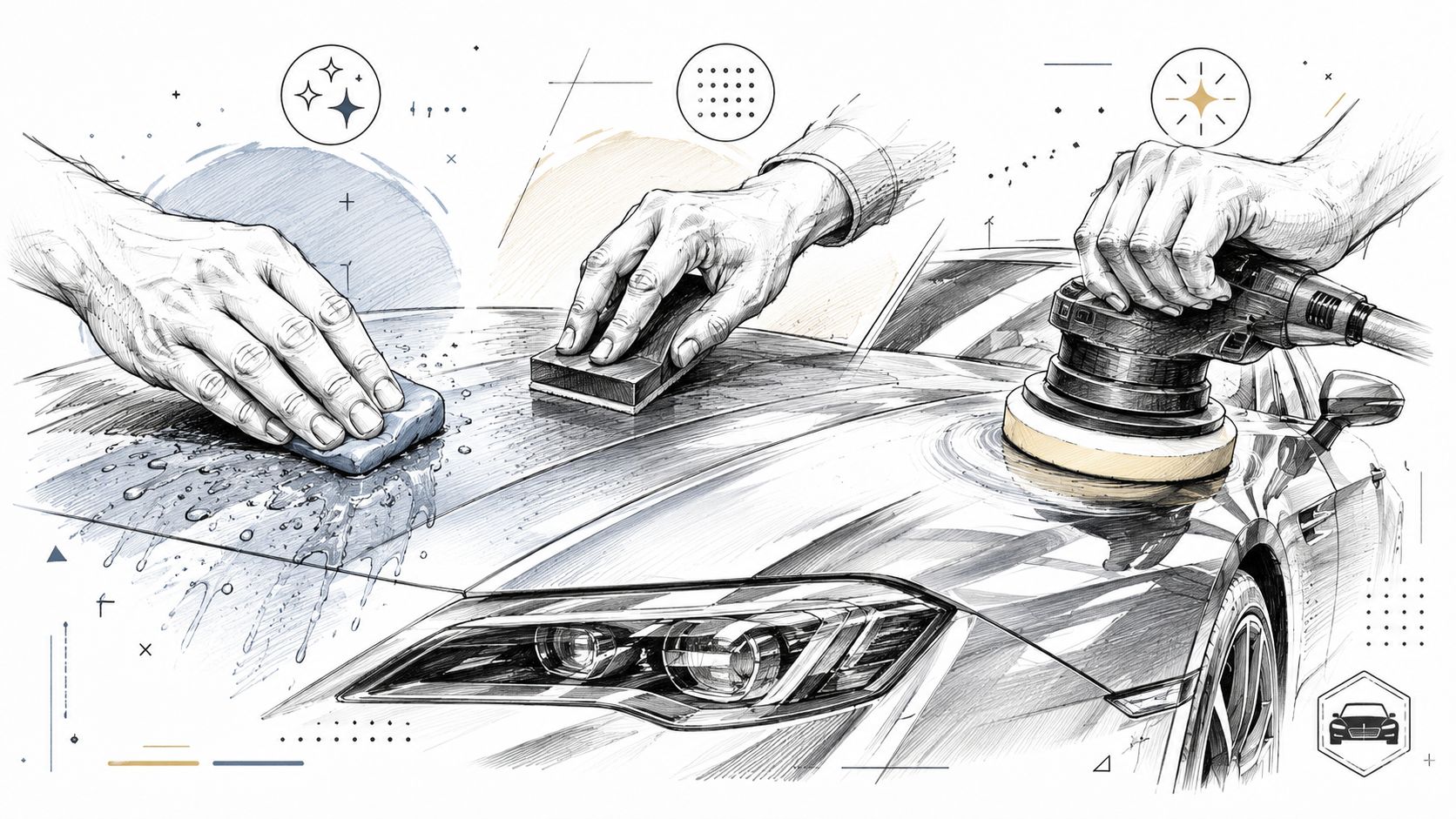 A detailed illustration showing a car undergoing coating surface preparation with washing, sanding, and polishing steps.