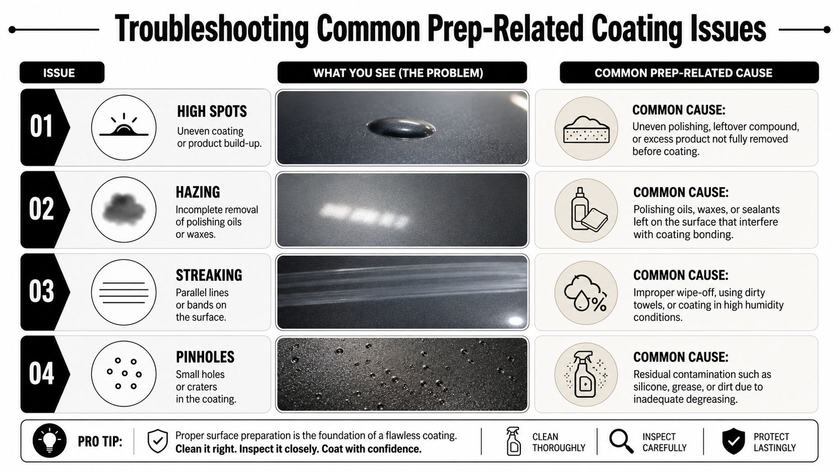 A troubleshooting guide infographic for common prep-related car coating issues including high spots, hazing, streaking, and pinholes.