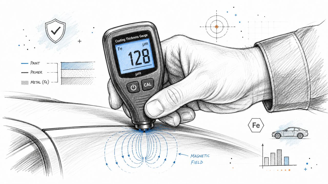 A hand using a digital coating thickness gauge to measure paint depth on a car surface.