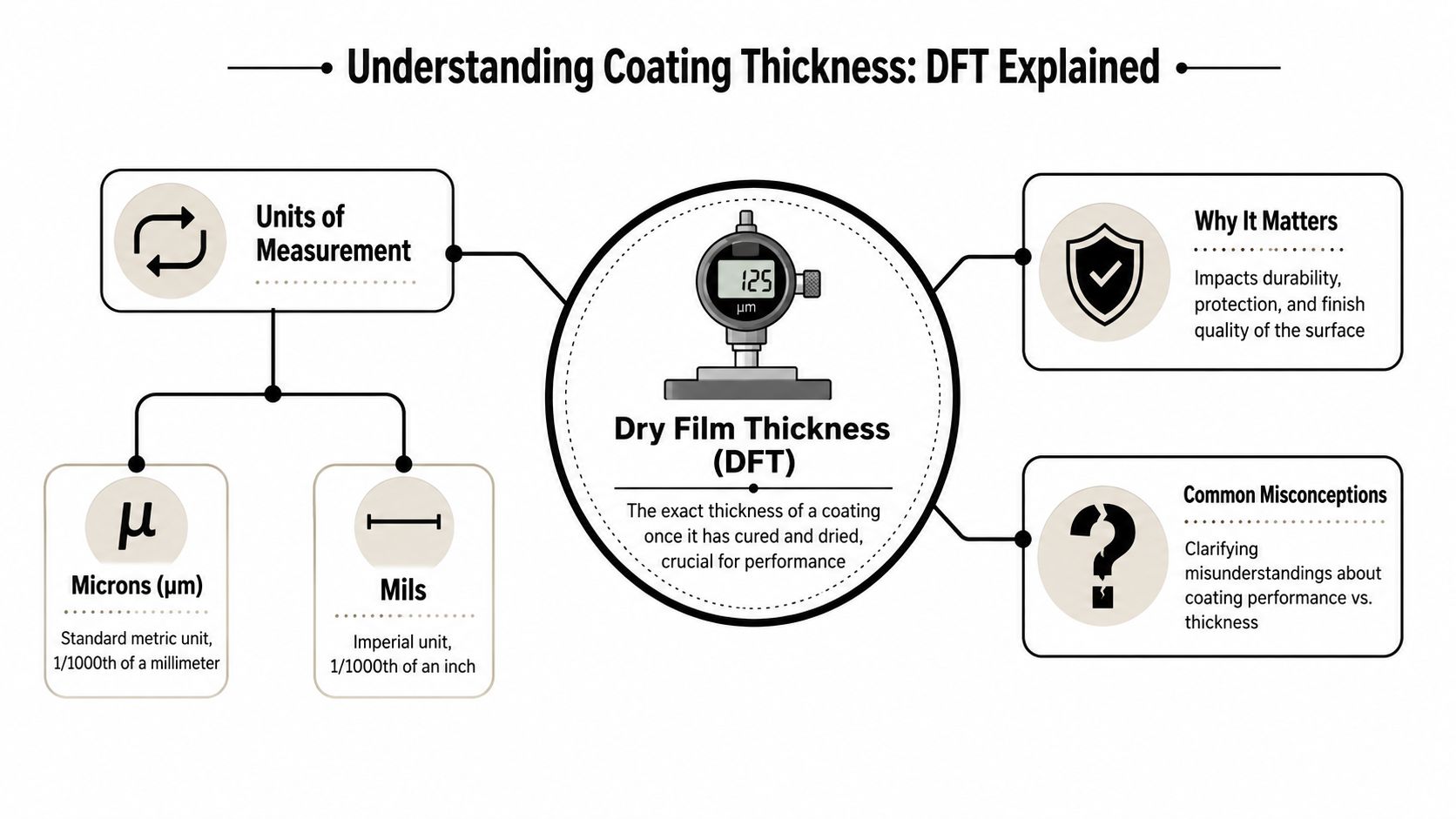 An infographic explaining Dry Film Thickness (DFT) and its importance, measurement units, and common misconceptions.