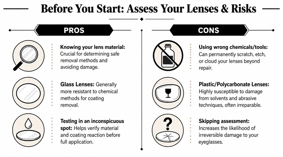 An infographic titled Before You Start: Assess Your Lenses and Risks, comparing pros and cons of eyeglass maintenance.