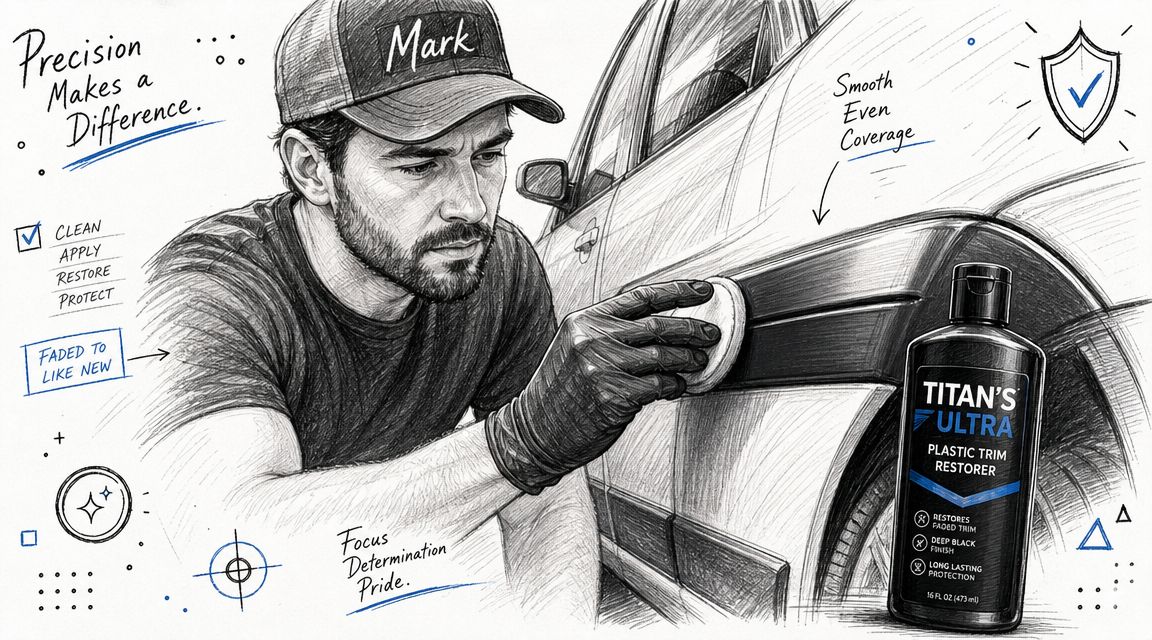 A detailed sketch of a man applying Titan's Ultra plastic trim restorer to a car's black trim.