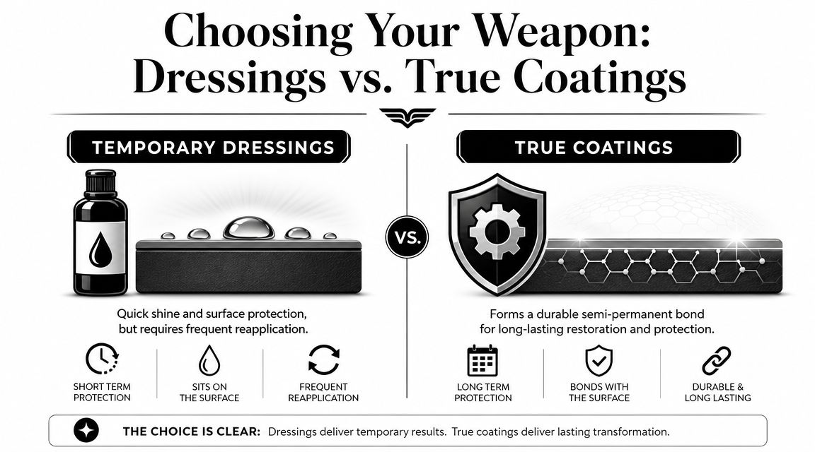 A comparison infographic between temporary car care dressings and durable long-lasting true surface coatings.