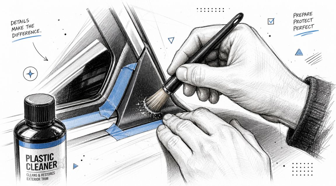 A detailed pencil sketch of a person using a brush to clean a vehicle plastic trim component.