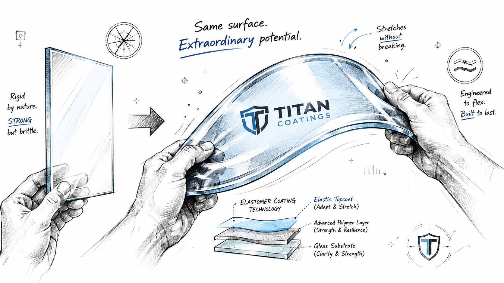 A diagram illustrating Titan Coatings technology transforming rigid glass into a flexible, resilient material through layered engineering.