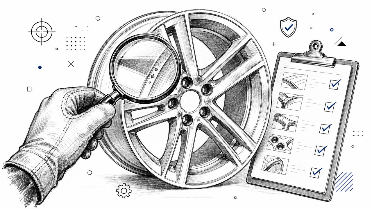 A gloved hand uses a magnifying glass to inspect a polished car wheel during quality control.