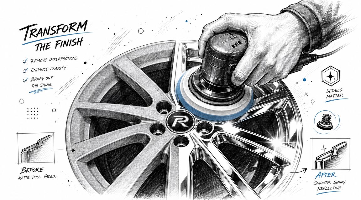A hand using a power polisher on an alloy car wheel to restore its shine.