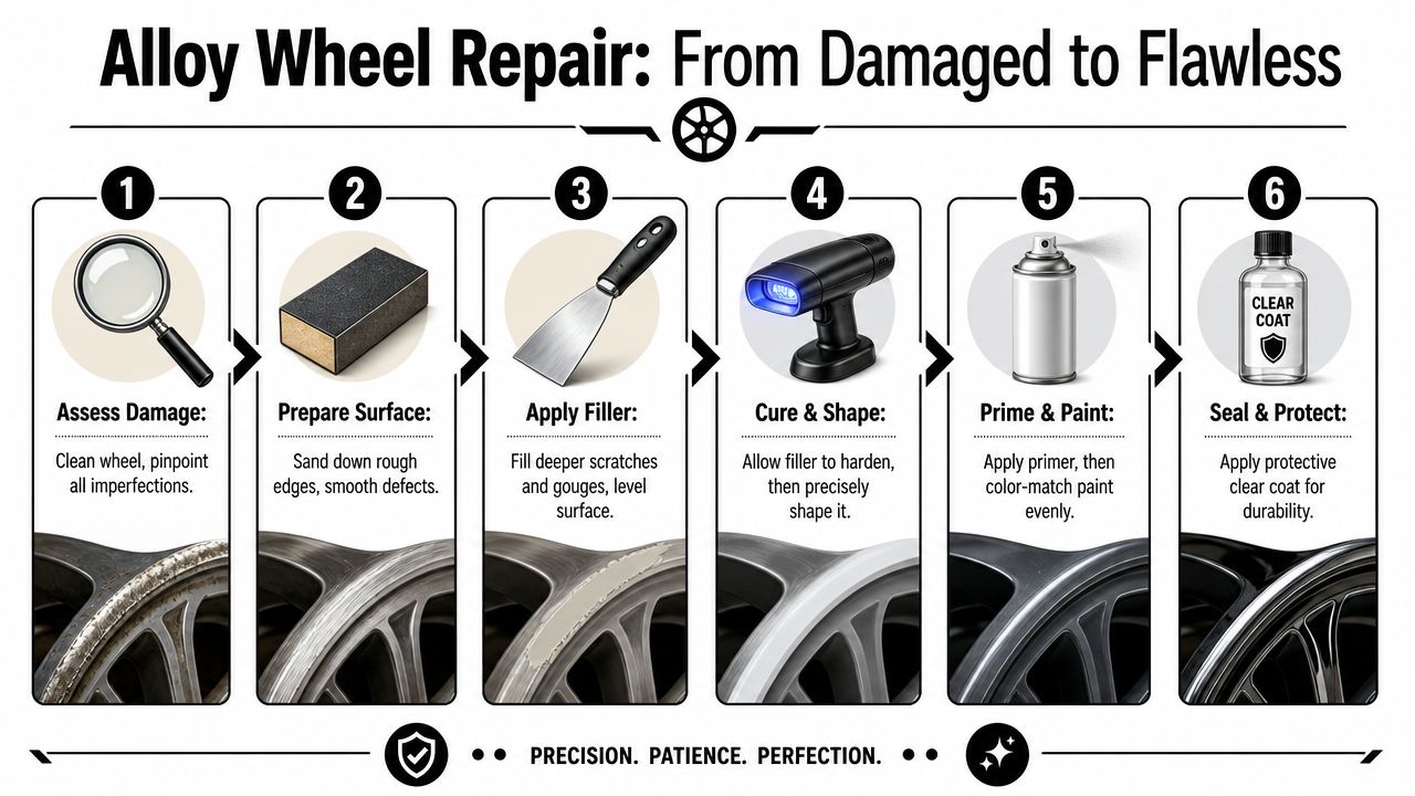 A six-step infographic illustrating the professional process for repairing and restoring damaged alloy vehicle wheels.