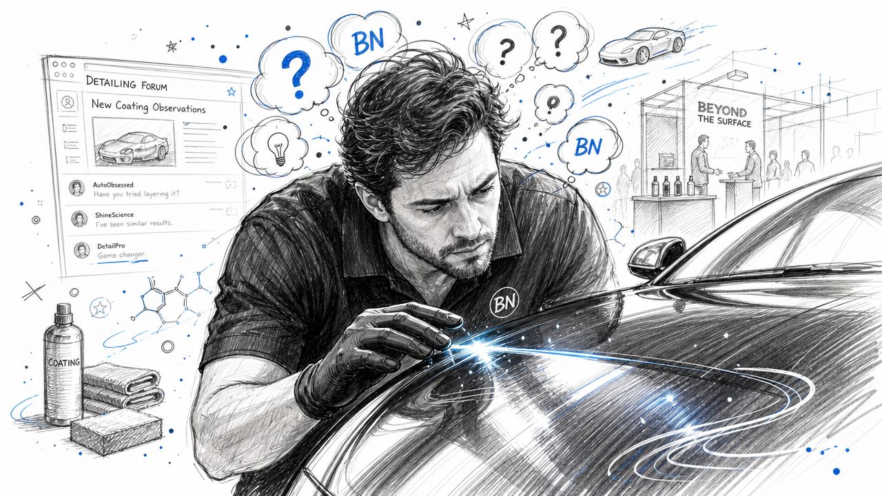 A professional car detailer inspecting a polished vehicle surface with specialized boron nitride coating products and forum discussions.