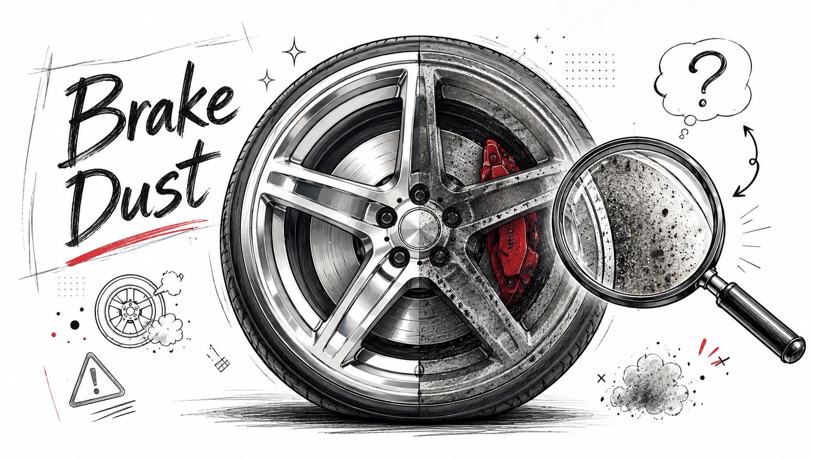 A split-screen illustration showing a clean car wheel versus a dirty one covered in brake dust.