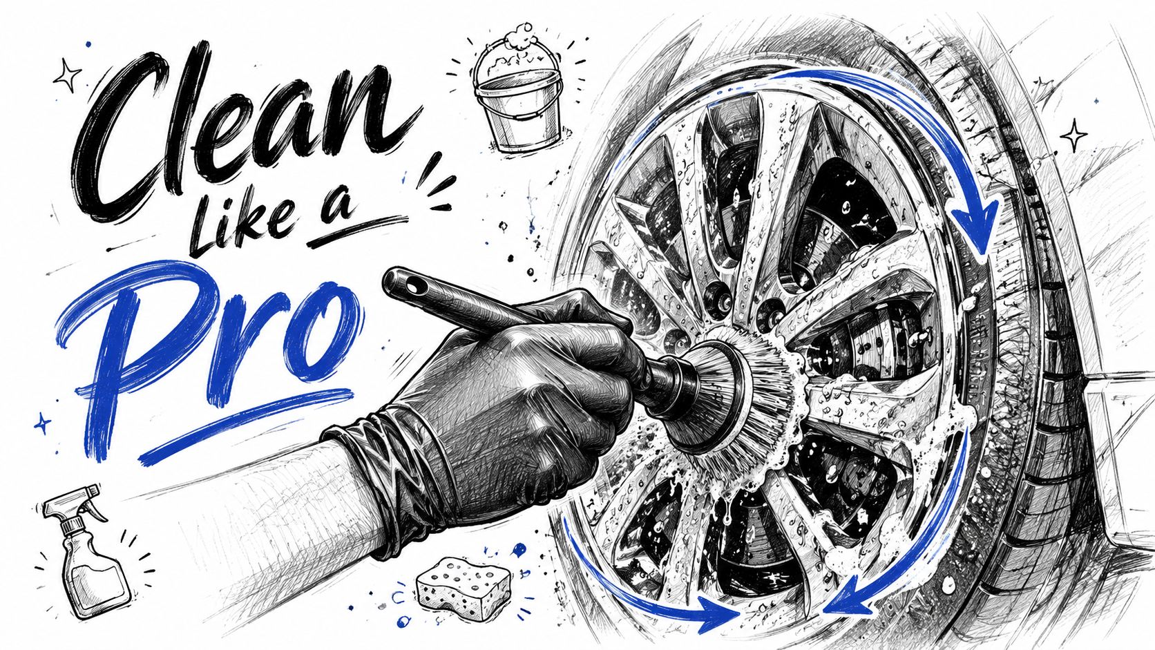 A hand in a glove uses a brush to clean a dirty car wheel with foam.