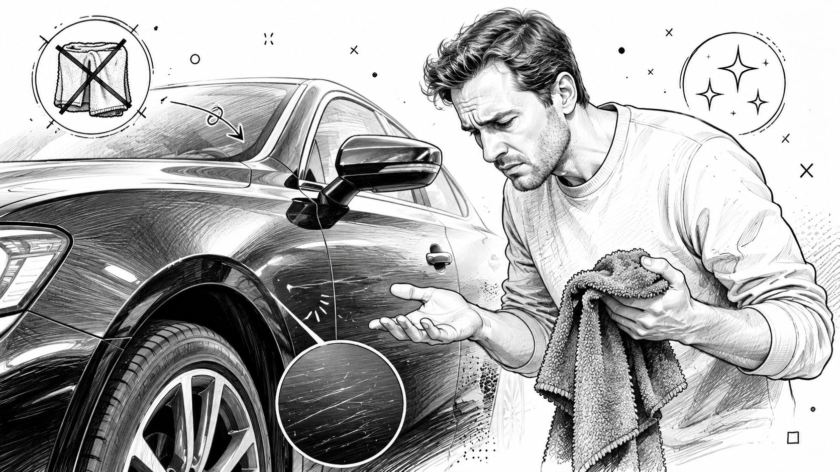 A man looking frustrated at scratches on his car door caused by using an improper cleaning cloth.