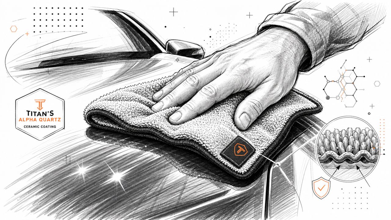 A hand using a microfiber cloth to apply Titan's Alpha Quartz ceramic coating on a car hood.