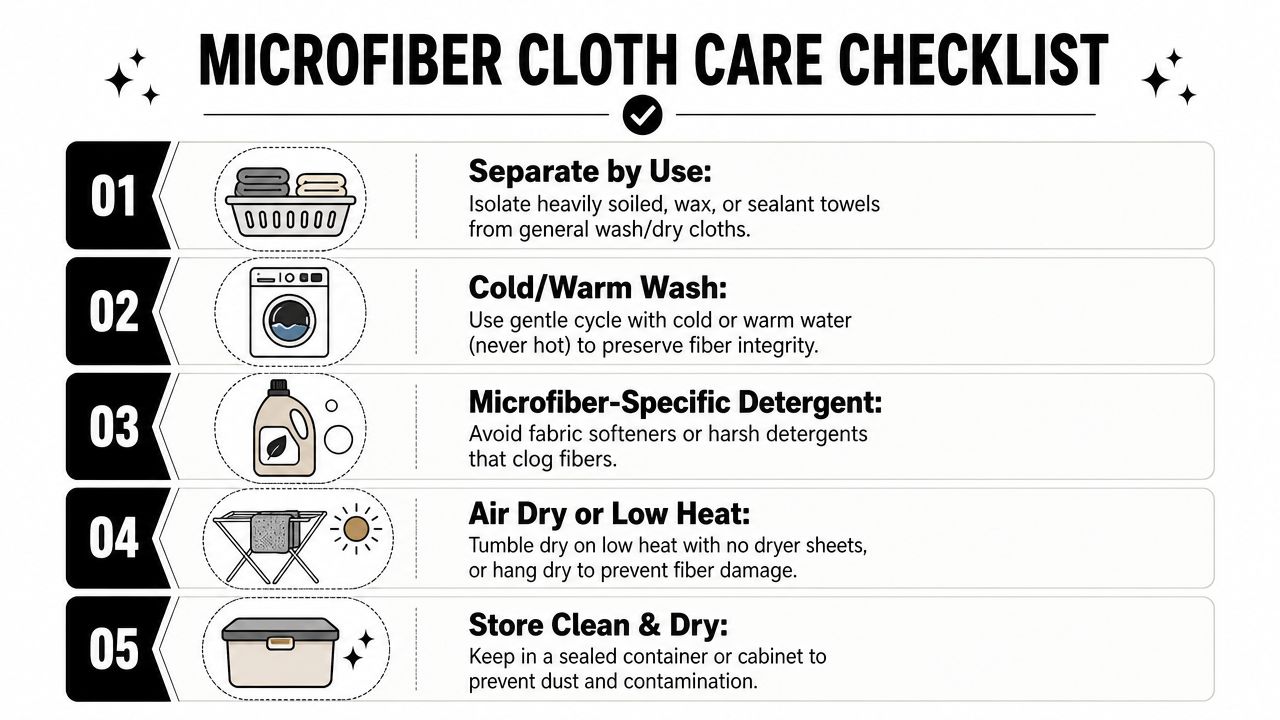 A five-step instructional guide on how to properly wash and maintain microfiber cleaning cloths for longevity.