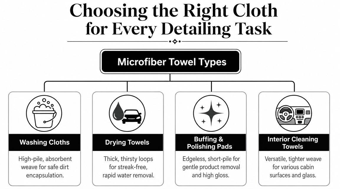 A chart illustrating the different types of microfiber towels used for various vehicle car washing tasks.
