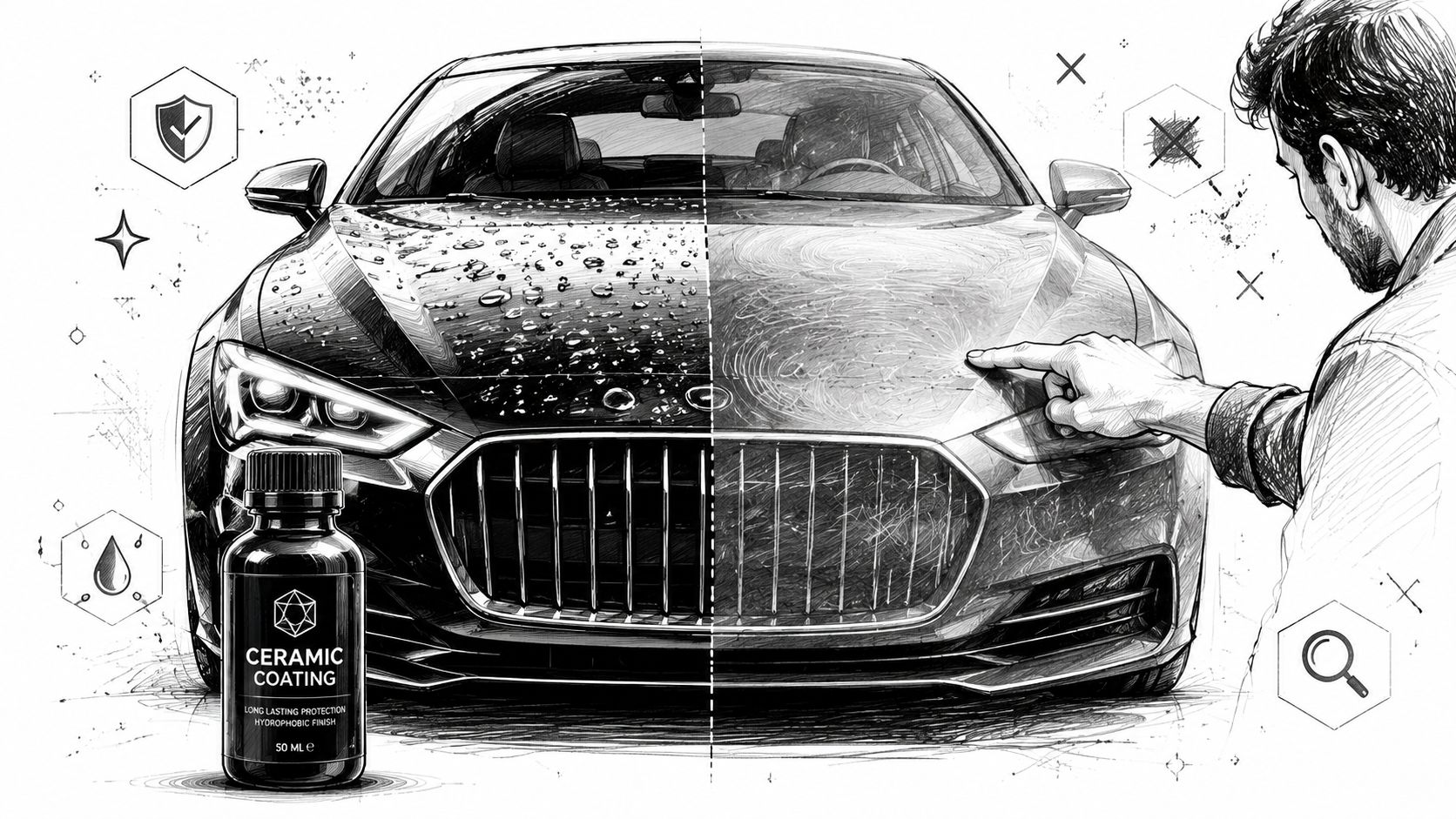 A black and white sketch comparing a car with ceramic coating to one with visible scratches.