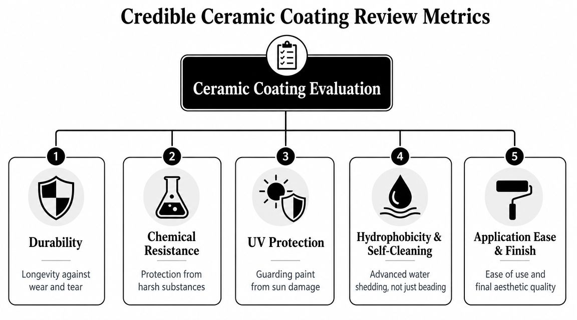 A diagram outlining five key metrics for evaluating ceramic coatings, including durability, chemical resistance, UV protection, hydrophobicity, and application.