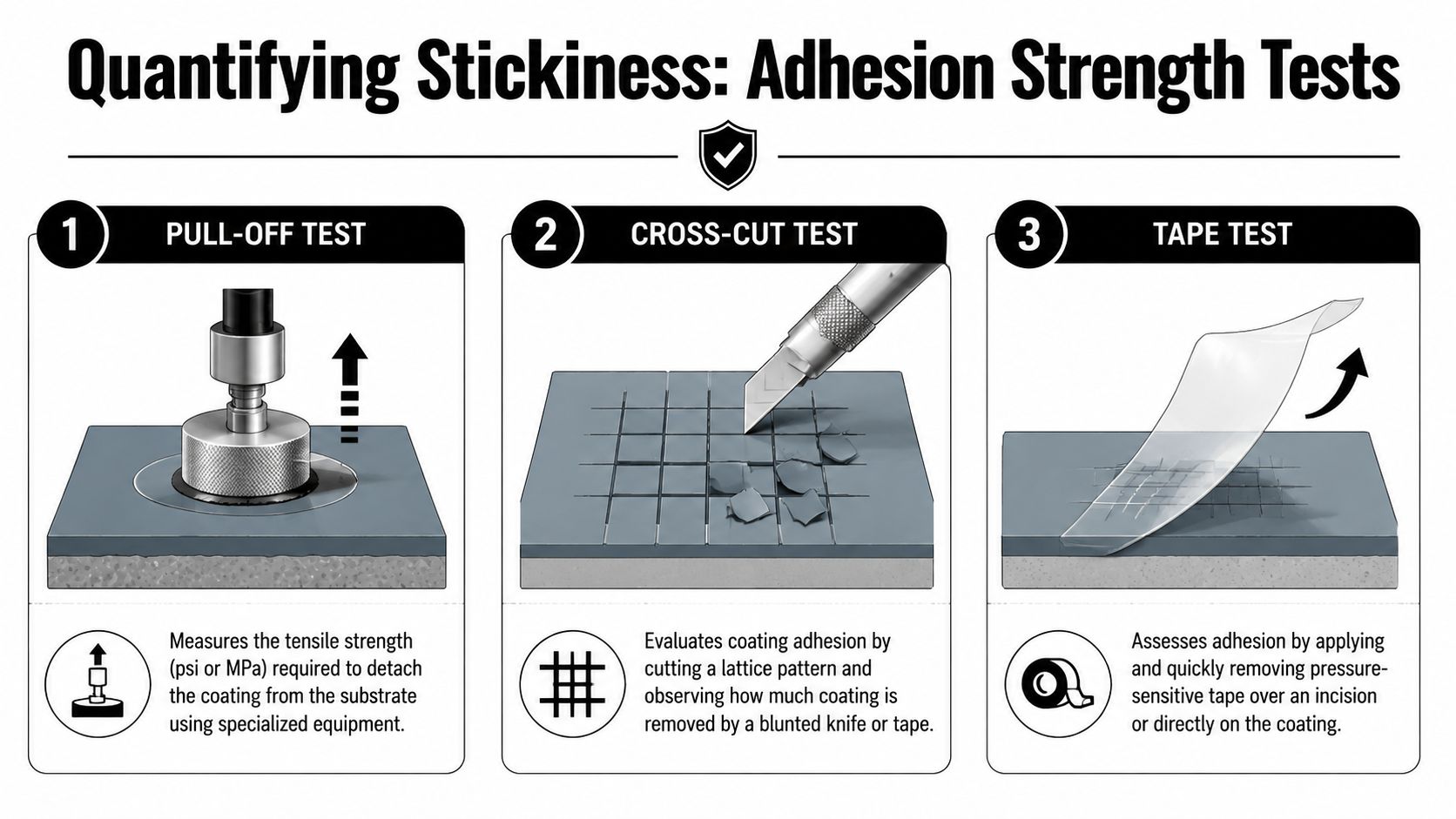 An infographic illustrating three methods for measuring coating adhesion strength: pull-off test, cross-cut test, and tape test.