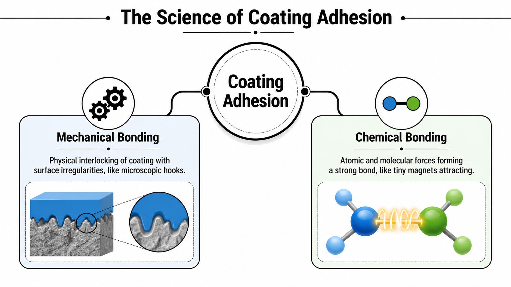 An infographic titled The Science of Coating Adhesion, explaining mechanical bonding and chemical bonding concepts.