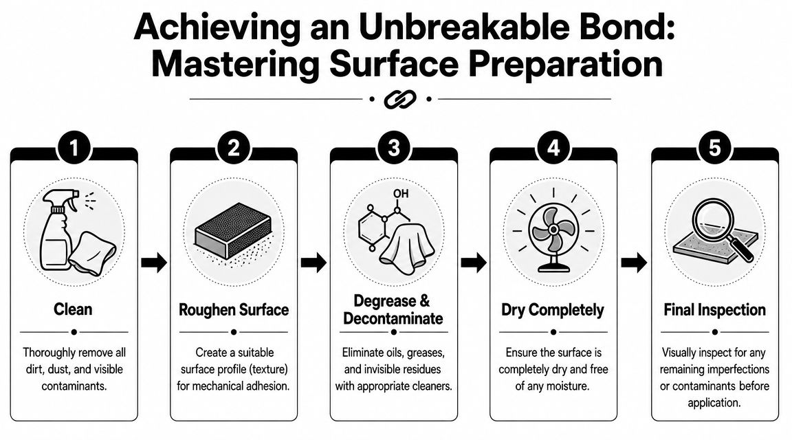 A five-step infographic guide detailing the essential procedures for achieving optimal surface preparation for bonding.