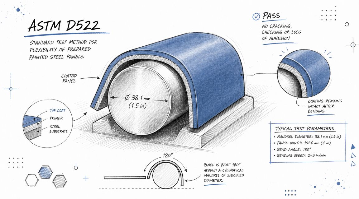 A diagram illustrating the ASTM D522 test method for measuring the flexibility of painted steel panels.
