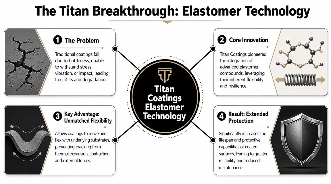 A diagram explaining Titan Coatings' elastomer technology, highlighting its benefits like flexibility, durability, and enhanced surface protection.