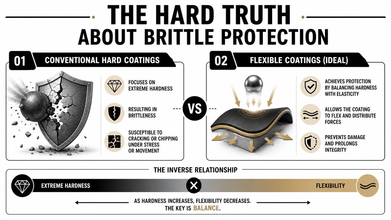 A diagram contrasting brittle conventional hard coatings with ideal flexible coatings, emphasizing the importance of balancing hardness and elasticity.