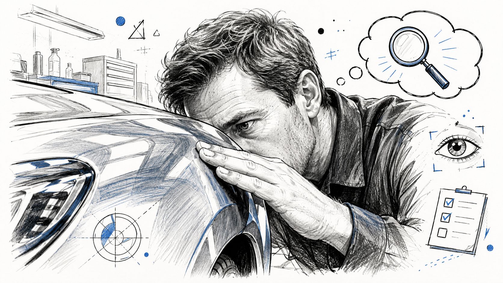 A car mechanic closely examining the shiny paint surface of a vehicle in an automotive workshop.