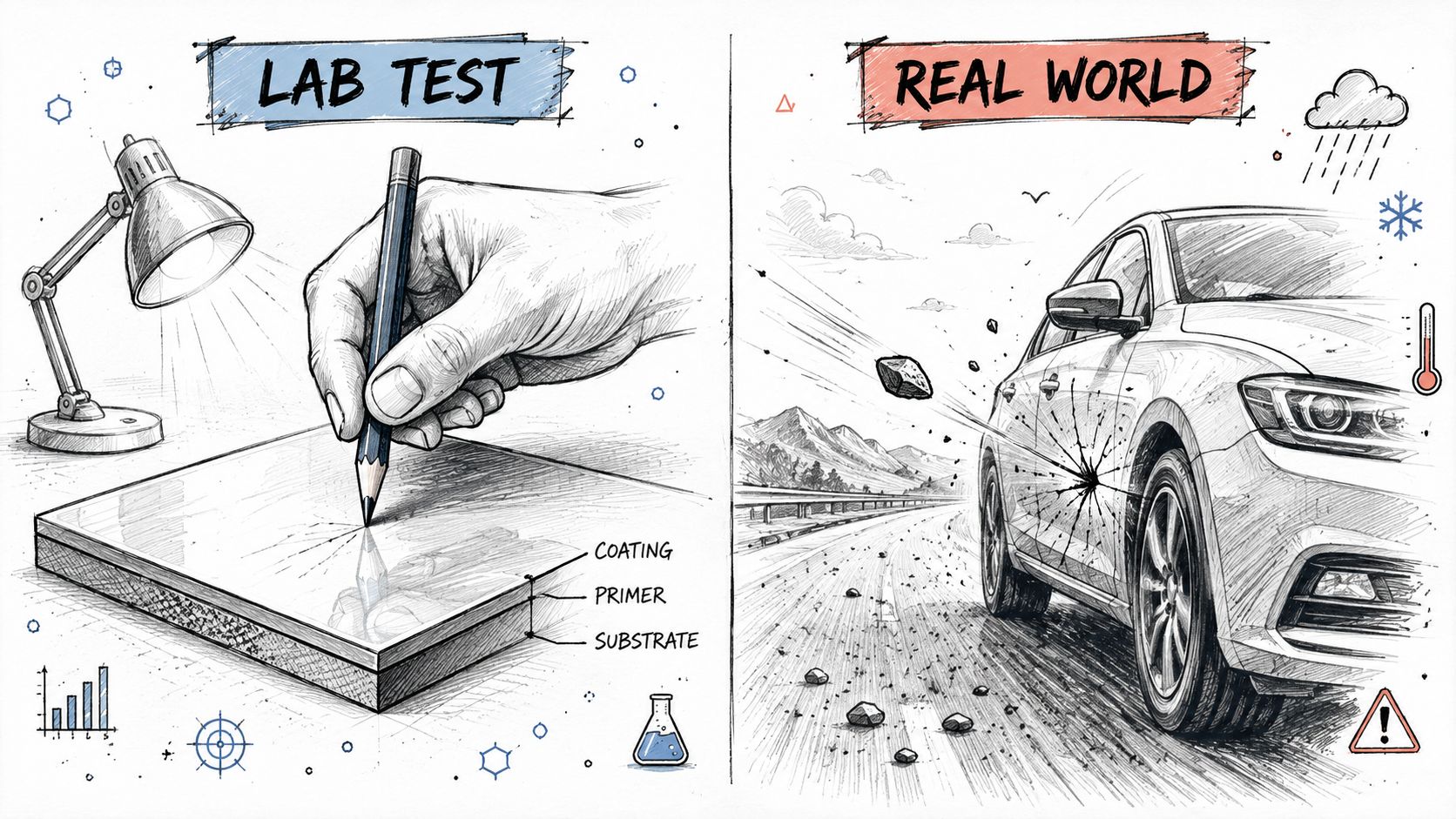 A split image comparing a controlled lab coating scratch test to real-world automotive debris impact damage.