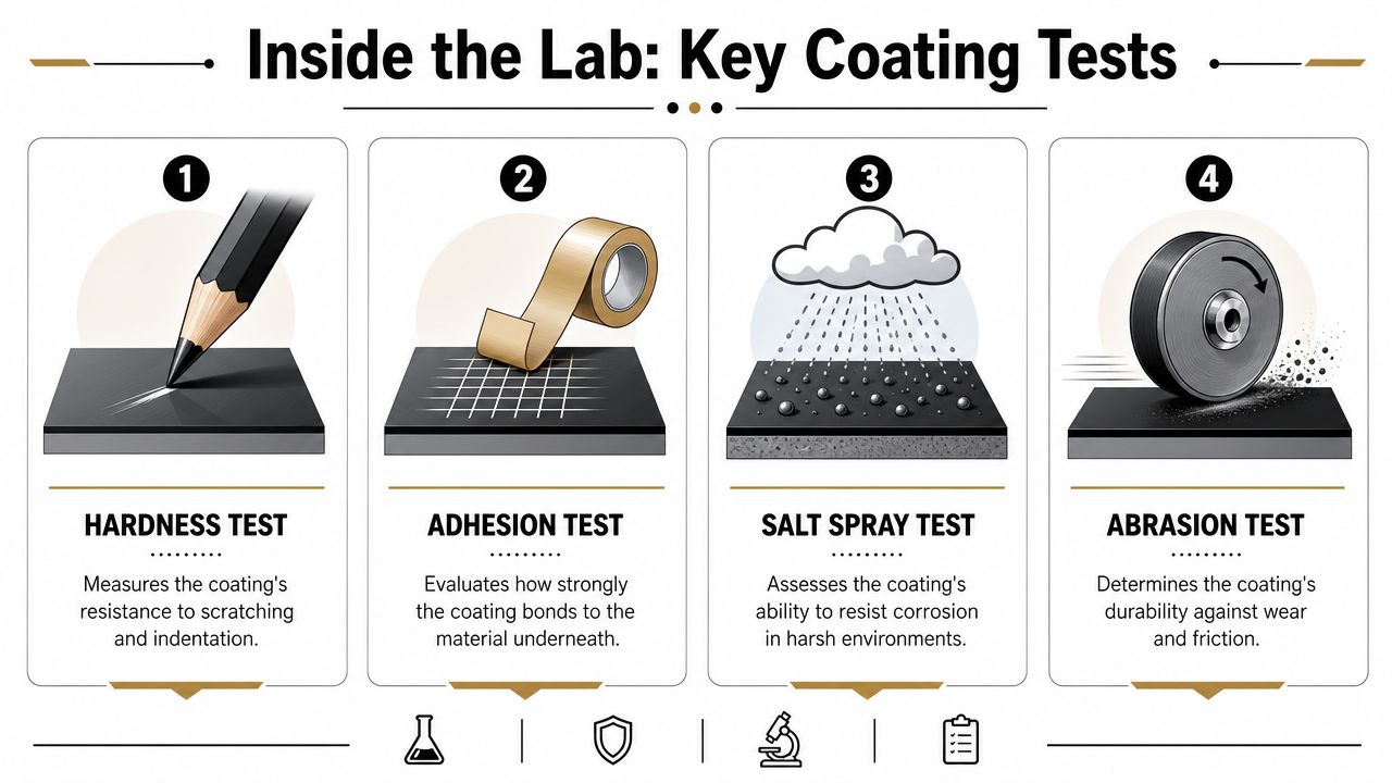 An infographic illustrating four key industrial coating tests including hardness, adhesion, salt spray, and abrasion resistance.