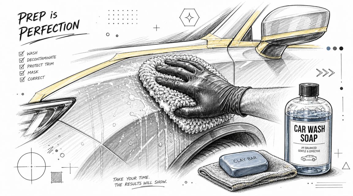 A detailed sketch of a person washing a car, illustrating professional car detailing preparation techniques.