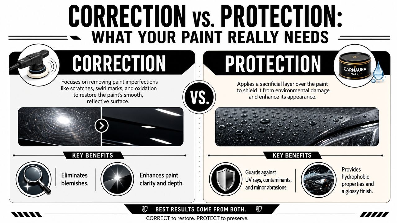 A comparison infographic explaining the differences between automotive paint correction and paint protection processes.