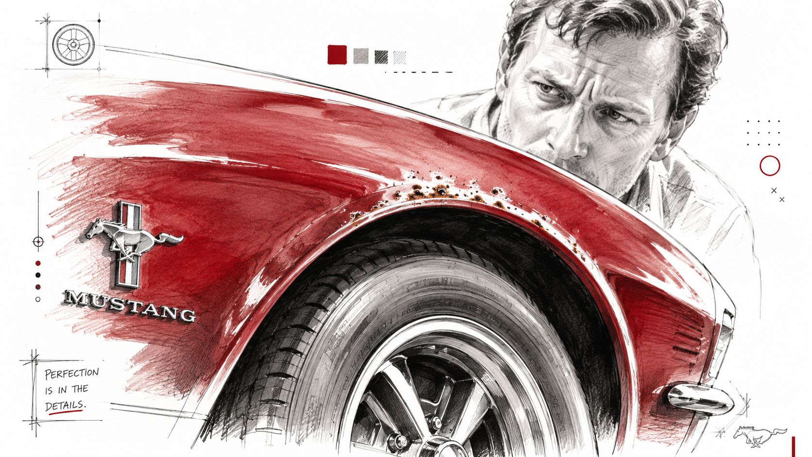 A detailed illustration of a man inspecting rust damage on the wheel arch of a red Ford Mustang.