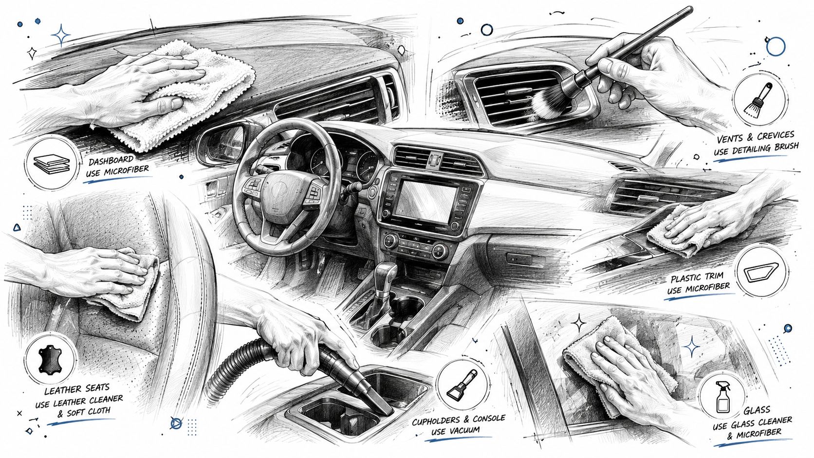 A detailed illustration showing step-by-step techniques for cleaning a vehicle interior using various tools and cleaners.