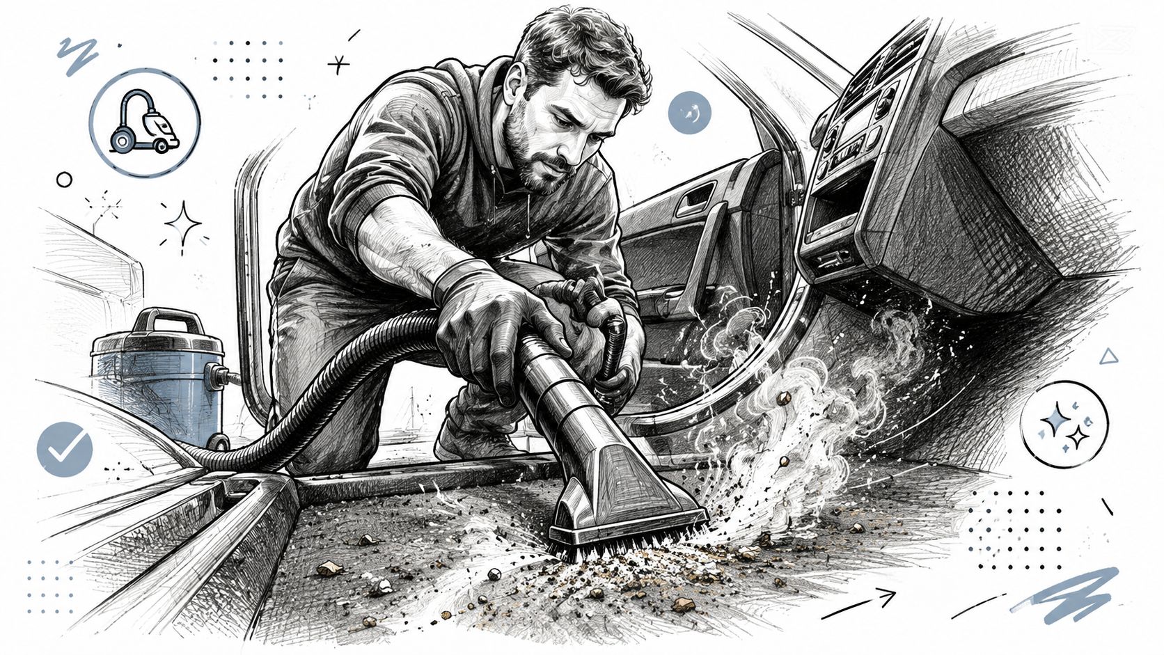 A man vacuuming the carpet of a car interior with a professional shop vacuum cleaner