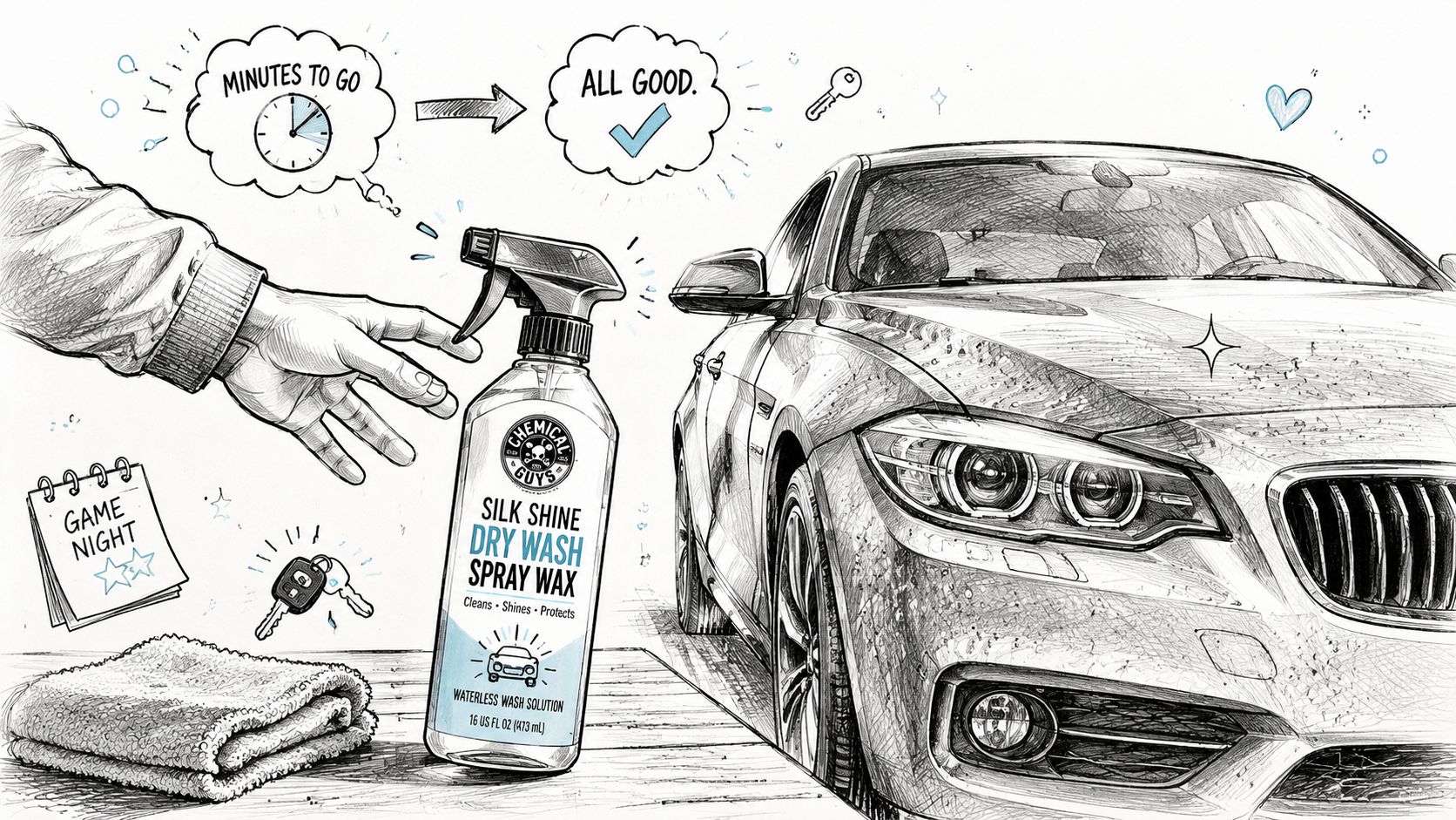 A hand reaching for a Chemical Guys dry car wash spray bottle next to a car.