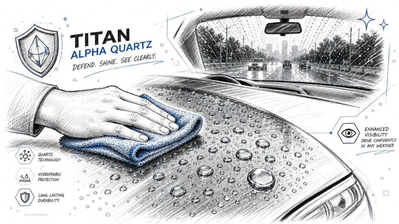 A hand wiping a car hood treated with Titan Alpha Quartz ceramic coating during rain.