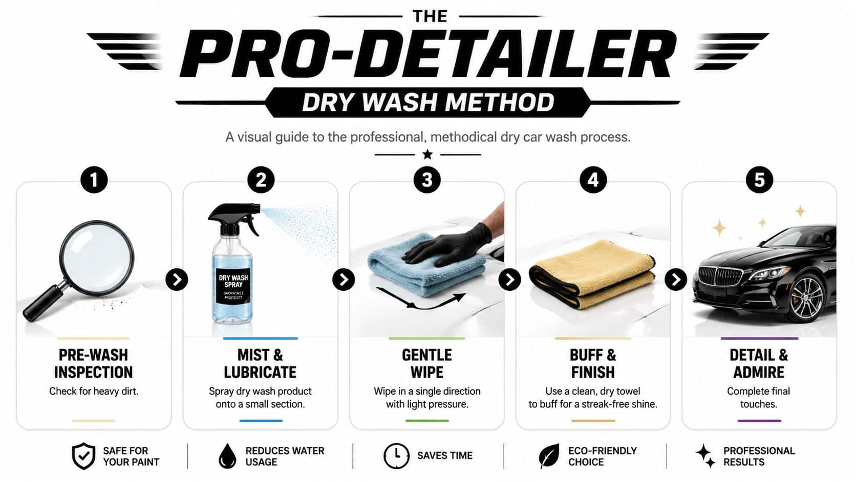 A five-step visual guide for performing a professional dry car wash method on a vehicle.