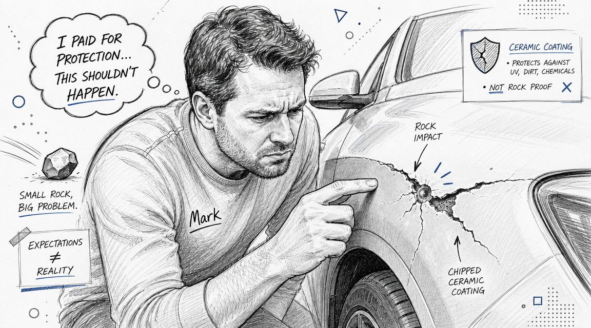 A man looking at a rock chip on a car fender to illustrate ceramic coating limitations.
