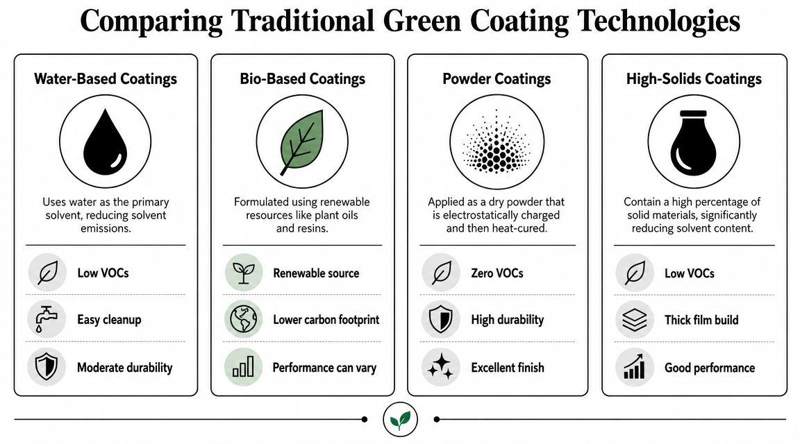 A comparison chart outlining four types of eco-friendly coating technologies, their applications, benefits, and key performance characteristics.