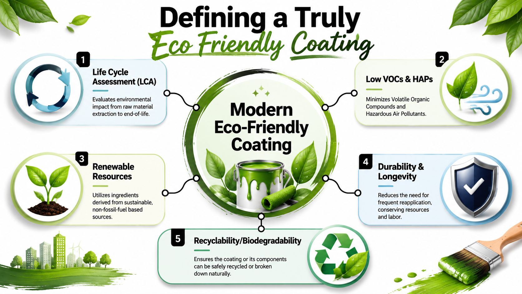 An infographic defining modern eco-friendly coating through five key sustainability factors, presented with clear, descriptive icons.