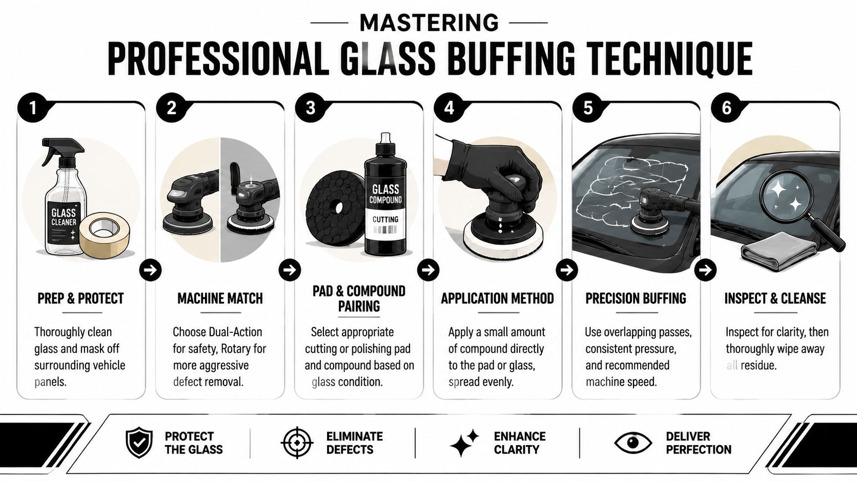 A six-step infographic illustrating the professional technique for buffing car glass with polishing tools and compounds.