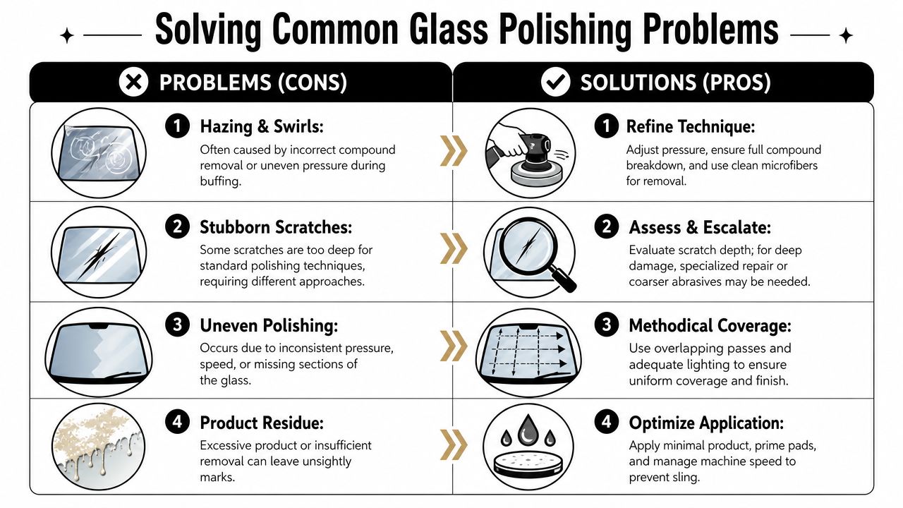 An infographic showing common glass polishing problems and their respective professional solutions for car windshield maintenance.