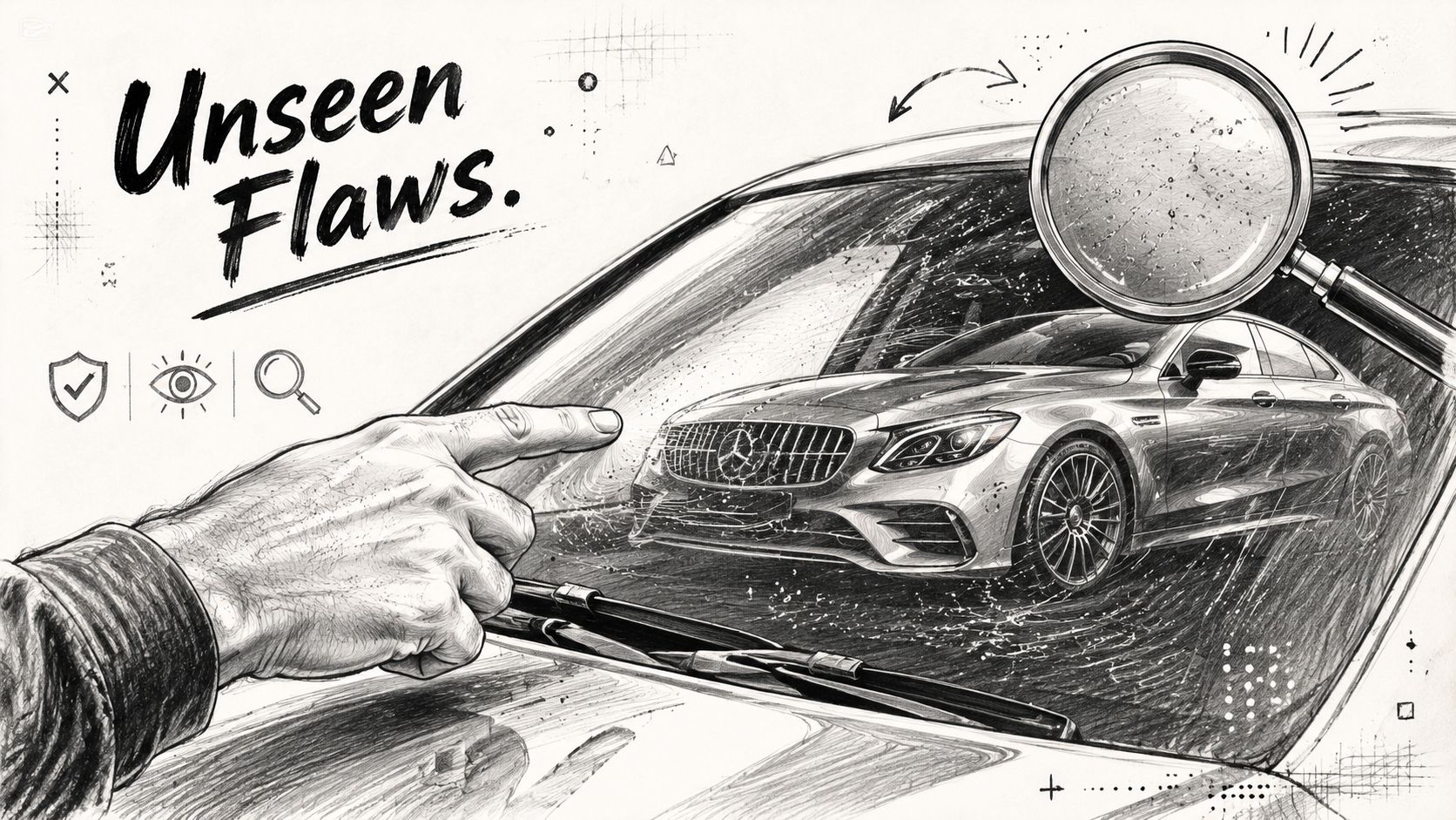 A pencil sketch of a hand pointing at a windshield crack with a magnifying glass inspection.