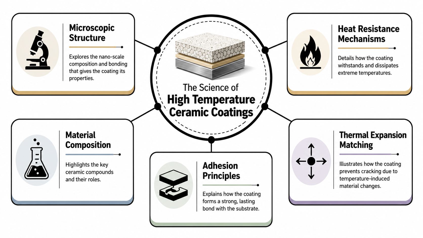 An infographic titled The Science of High Temperature Ceramic Coatings detailing its structure, composition, and thermal properties.