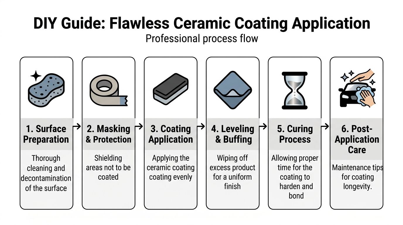 A six-step infographic guide detailing the professional process for applying ceramic coatings to a vehicle's surface.