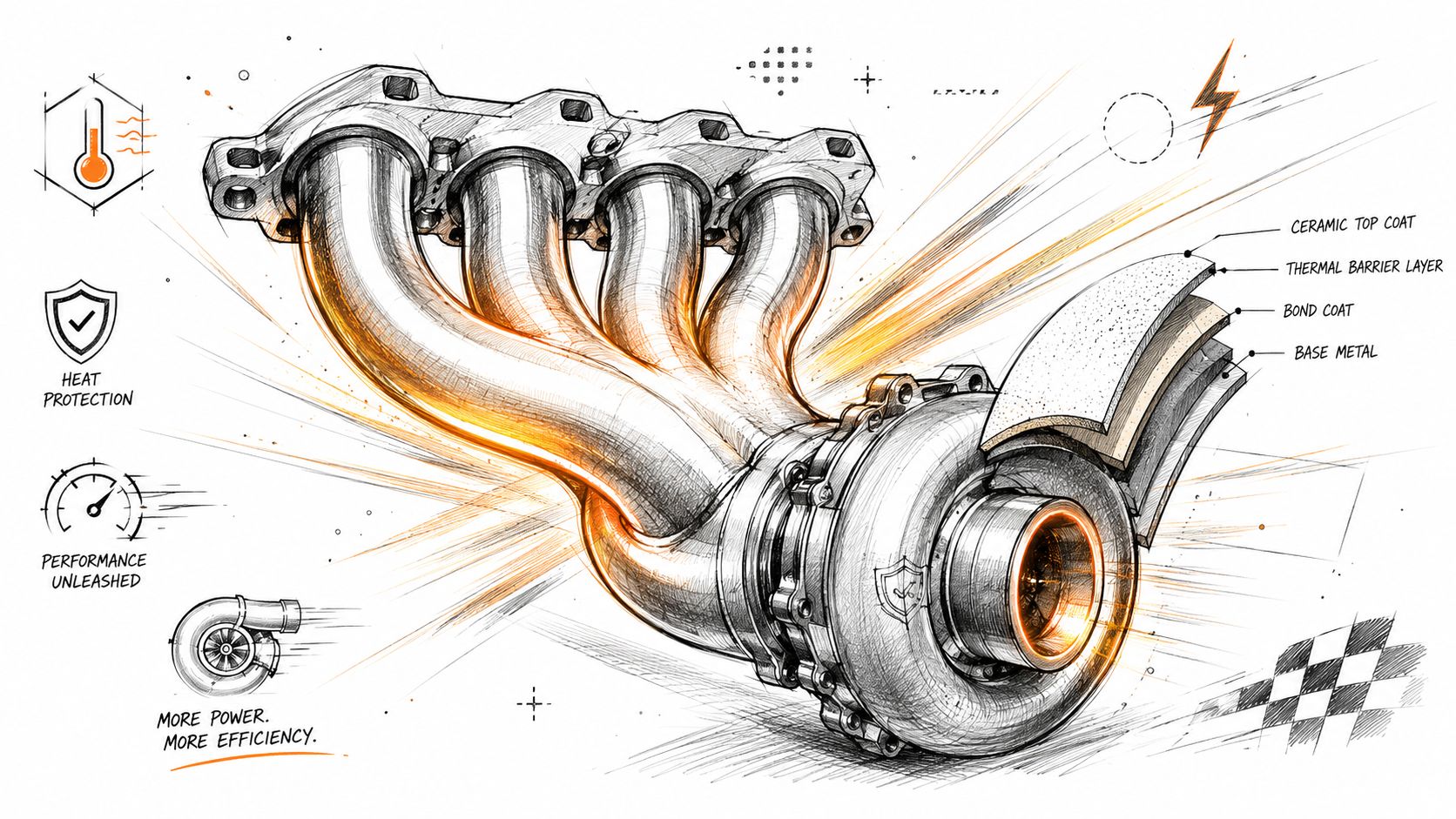 A detailed technical illustration of a turbocharger manifold highlighting various layers of high temperature ceramic coatings.